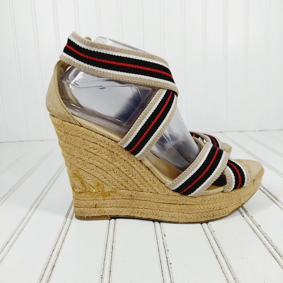 MIA Rope Heels Tan Black White Red Striped Ankle Strap Wedge Sandals C4 - Picture 5 of 11